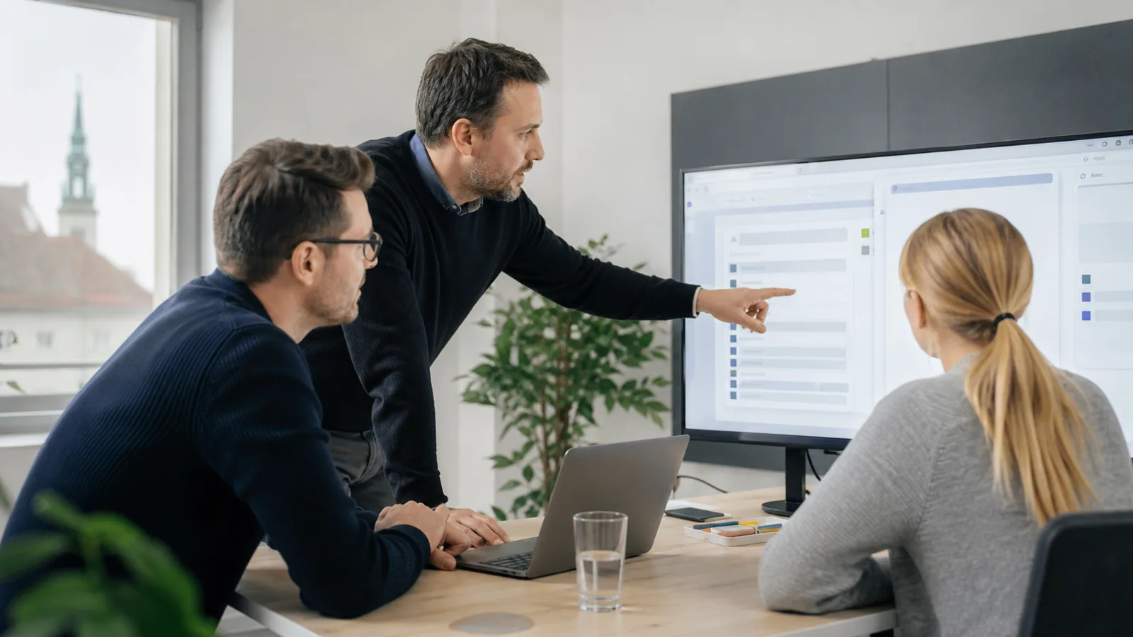 IT-Berater erklärt einem jungen Team eine sichere Microsoft-365- und Cloud-Struktur