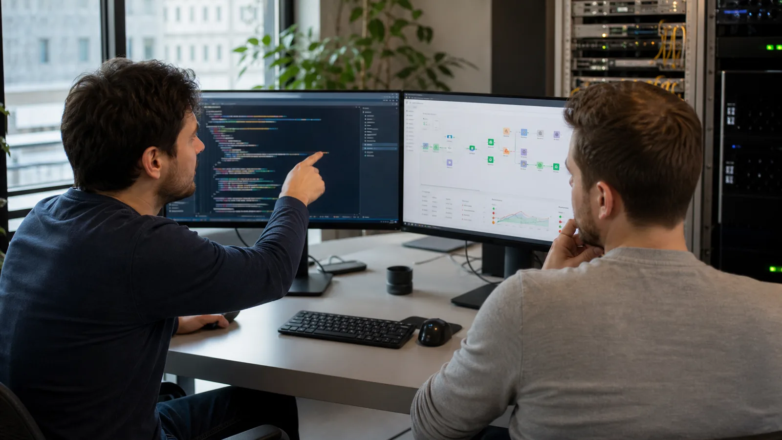 Junge Softwareentwickler besprechen Code, Schnittstellen und einen Automatisierungsworkflow
