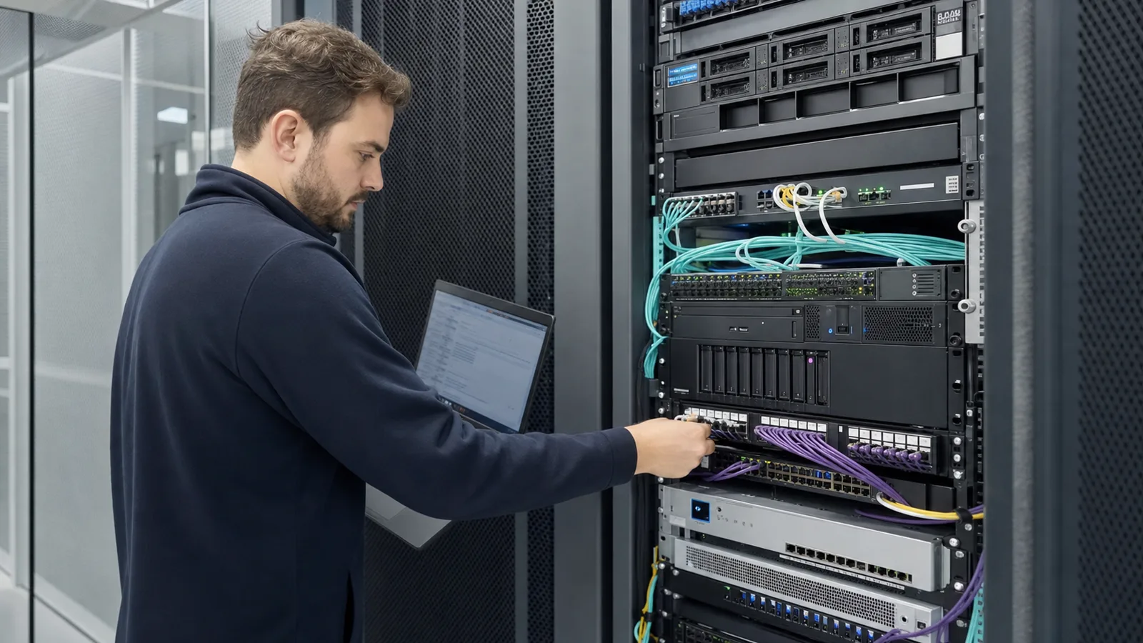 Junger IT-Techniker wartet Server, Synology Storage und Glasfaserverbindungen im Unternehmensrack