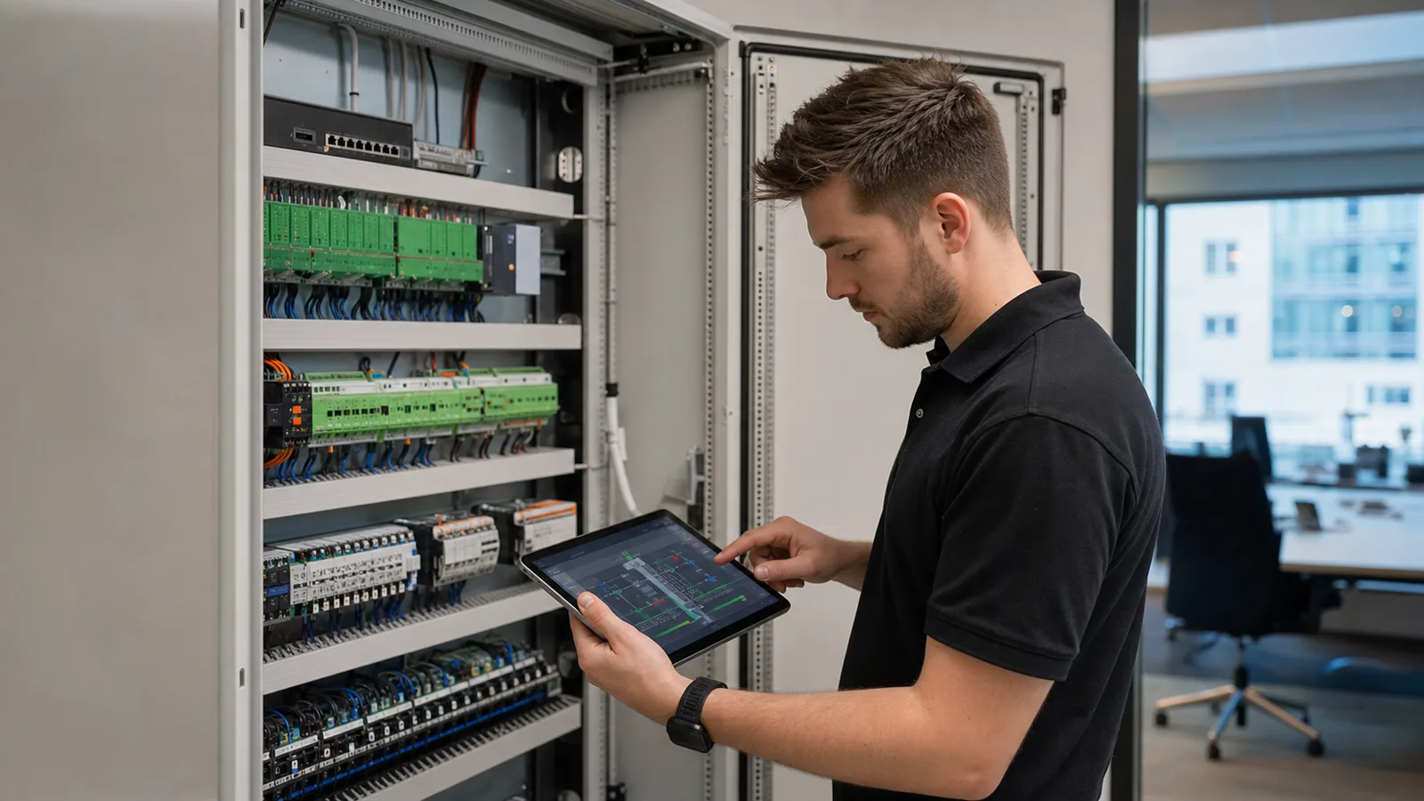 Junger Techniker nimmt einen modernen Schaltschrank f&uuml;r Loxone Geb&auml;udeautomation in Betrieb