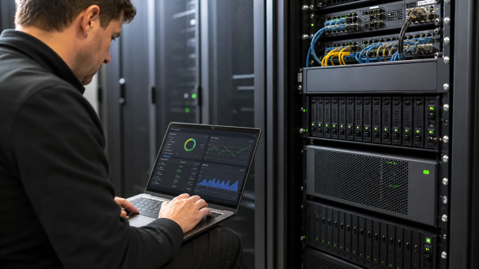 Junger IT-Techniker kontrolliert Backup und Sicherheitsstatus in einem professionellen Serverraum