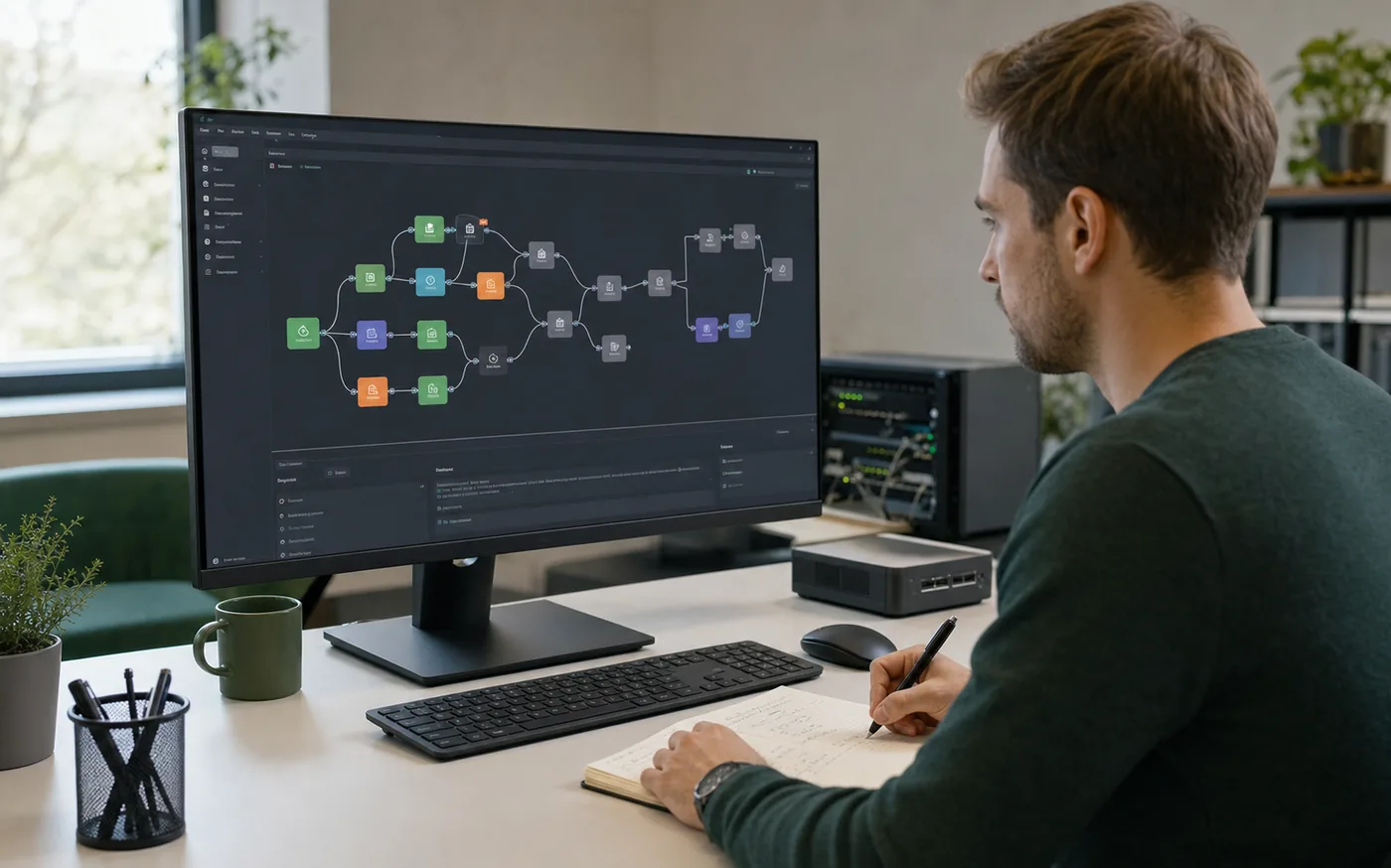 Junger IT-Berater plant einen strukturierten Automatisierungsworkflow