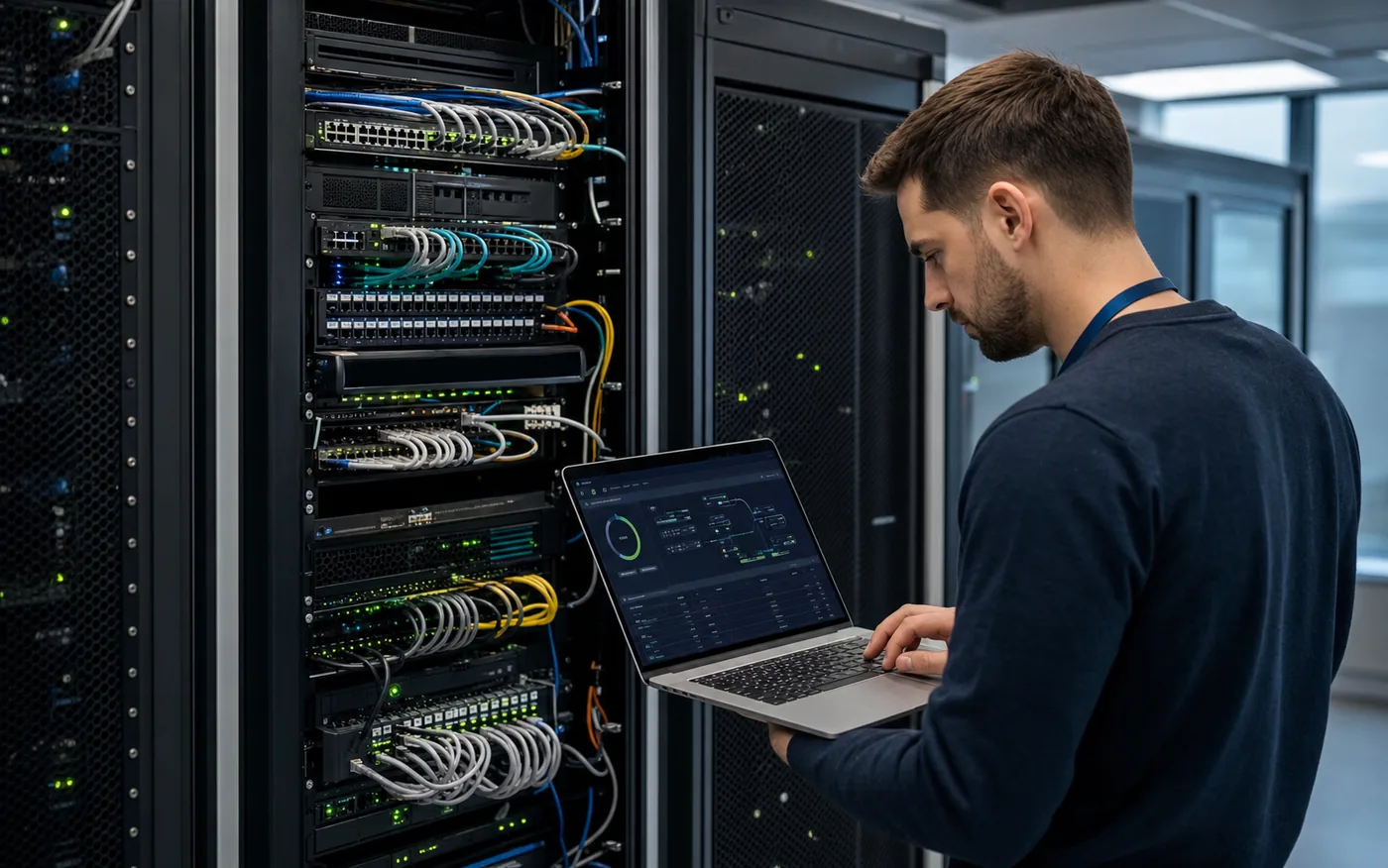 Junger IT-Security-Spezialist prüft Firewall, Netzwerkzonen und Zugänge