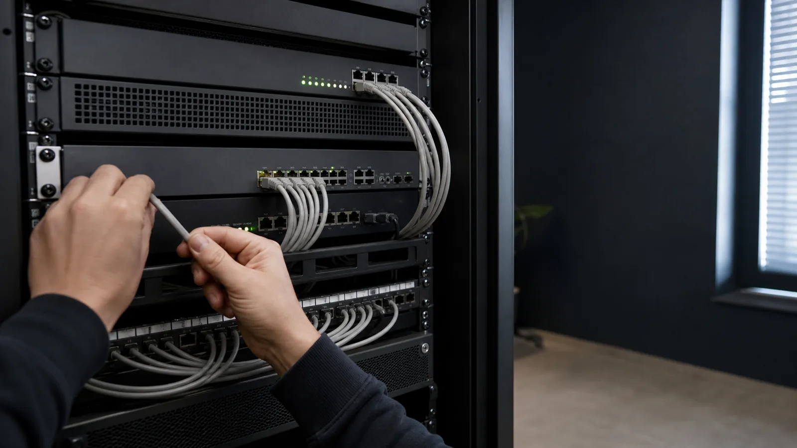 Techniker arbeitet an einer sauber verkabelten Netzwerkumgebung
