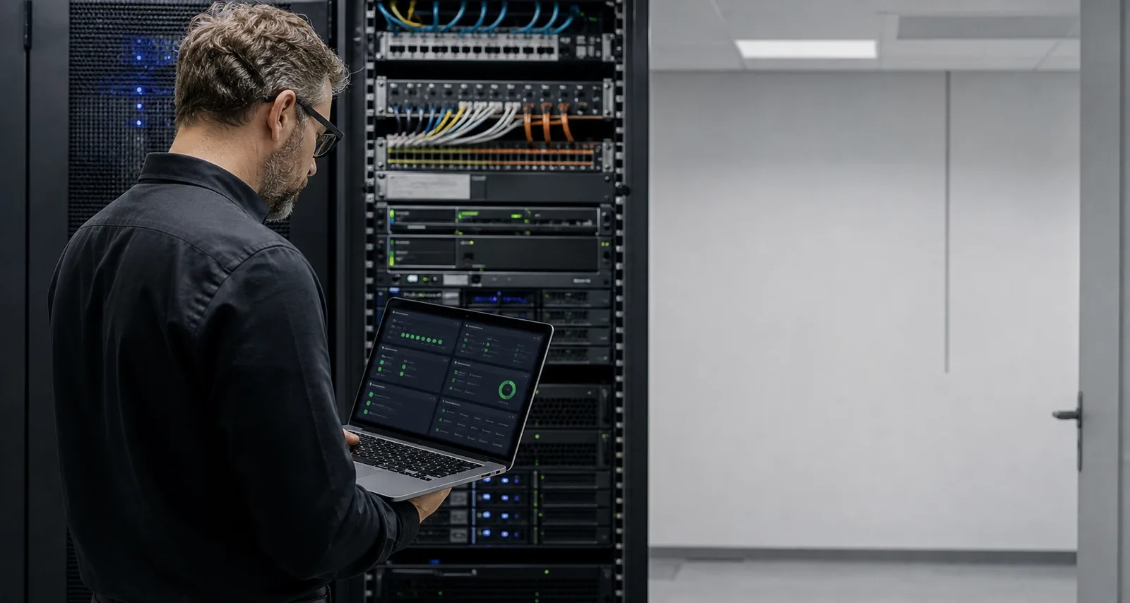 IT-Techniker pr&uuml;ft eine moderne virtualisierte Serverplattform